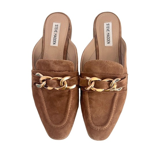 Steve Madden Shoes - Steve Madden Cassady Women's Cognac Suede Loafer Mule Gold Link Chain Sz 8 M
